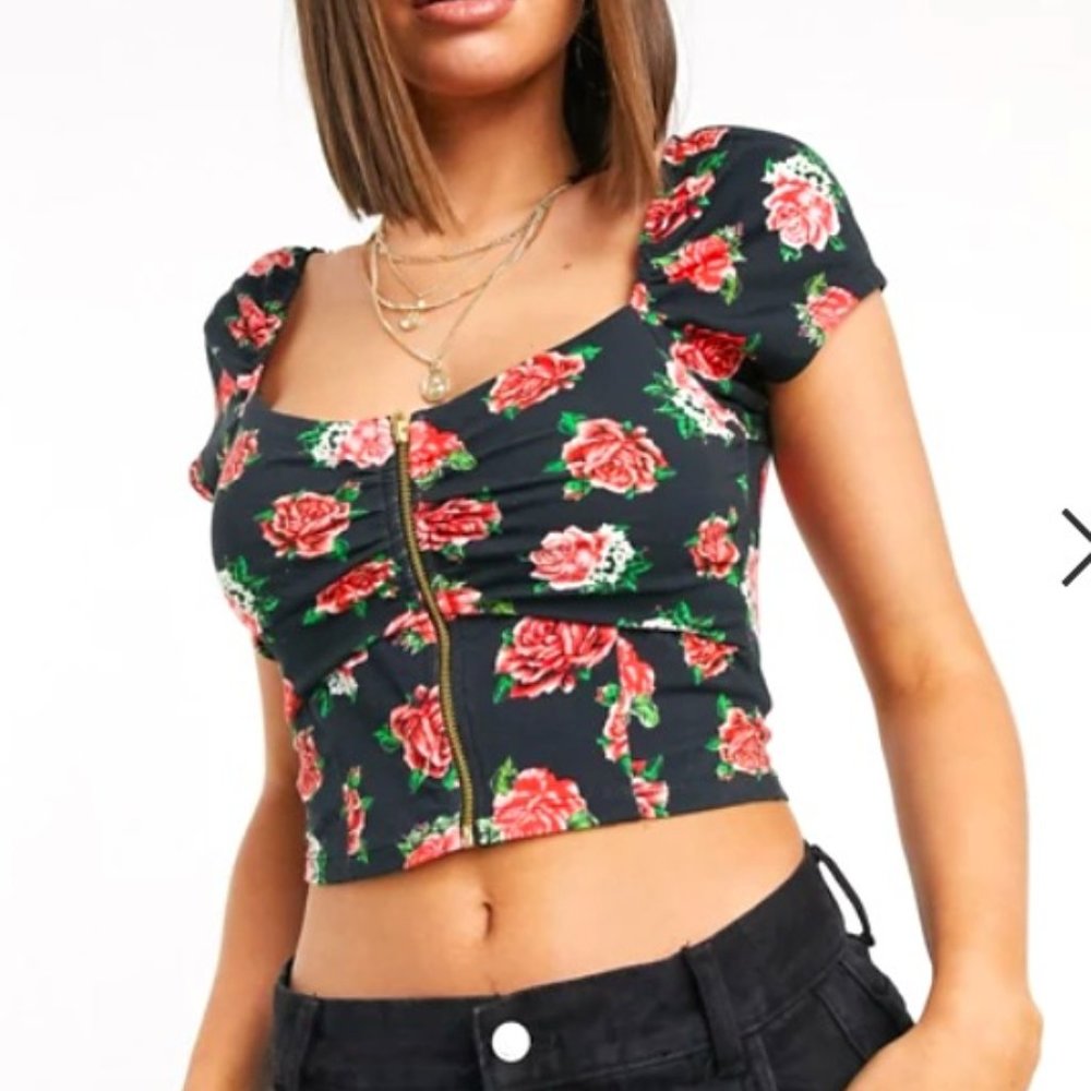ASOS DESIGN corset with zip detail in rose print